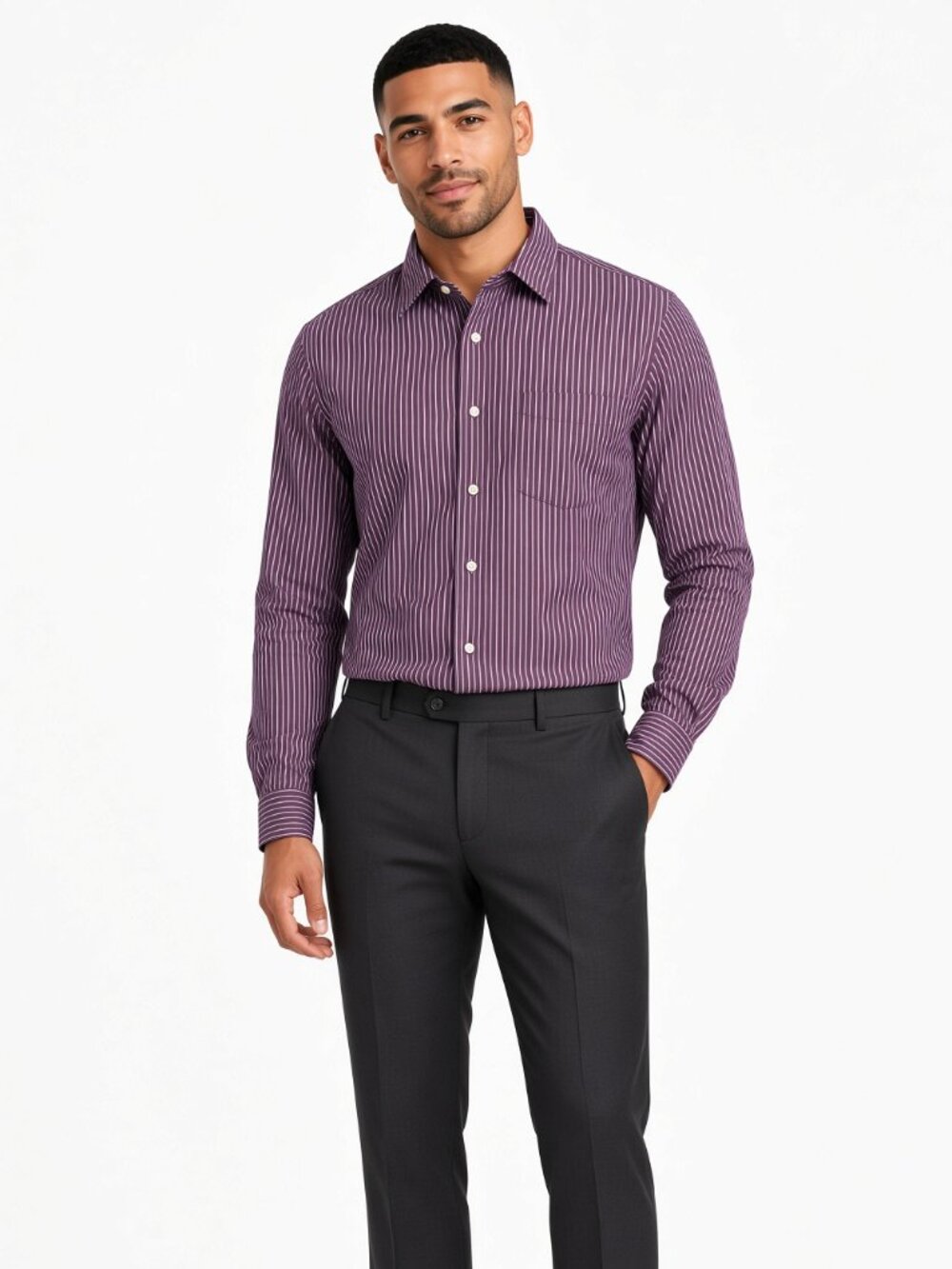 Nautica Men Purple White Stripe Button Down Shirt